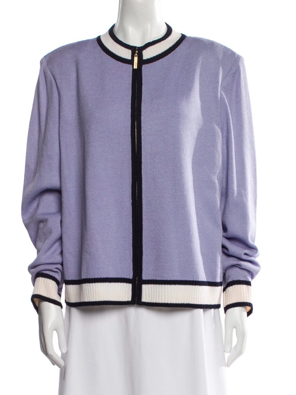 St. John Lavender Knit Zip-Front Cardigan with Black & White Trim Size Large
